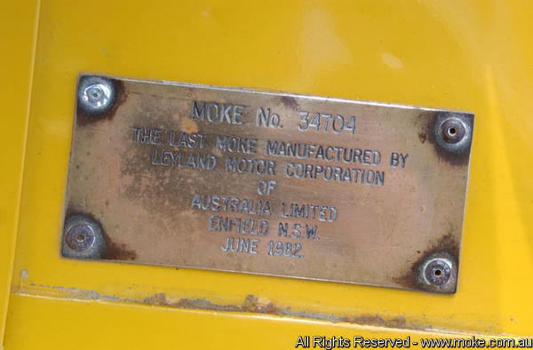 Plaque on last moke to leave the Assembly line
