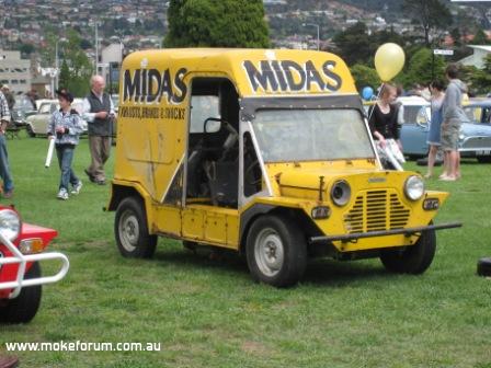 A Postie moke painted up as a Midas Exhuast promotional vehicle