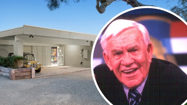 Image of lou richards face over a real estate photo with the Moke in the car port.