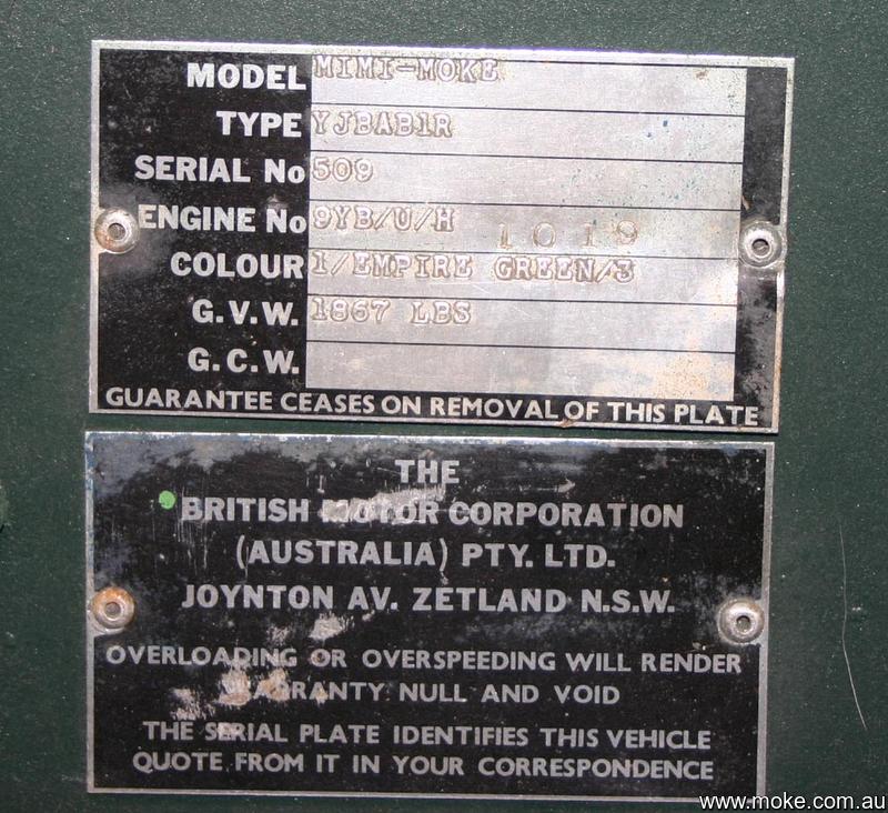 A picture of the factory build plate from the oldest surviving Moke