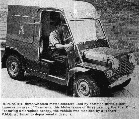 A black and white image from a newspaper of a PMG Postie Moke